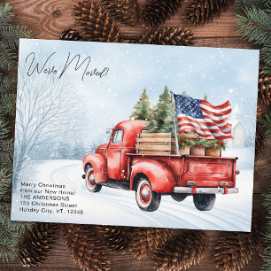 Cartão Postal De Anúncio Vintage Red Truck Patriotic US Flag Holiday Moving