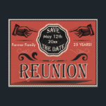 Cartão Postal De Anúncio Vintage Reunion Salvar Data<br><div class="desc">O design gráfico de estilo Vintage apresenta dedos apontadores, selo de rico e design de estilo vintage. Avise sua família e amigos que um evento especial de reunião precisa ser marcado no calendário social com uma reunião, exceto o cartão postal. design excelente para família, escola, segundo grau, classe, trabalho, militares...</div>