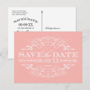 Cartão Postal De Anúncio Vintage Salmon Pink Flourish Weding Date