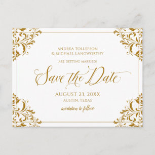 Cartão Postal De Anúncio Vintage Salve a Data do Dourado Casamento Elegante