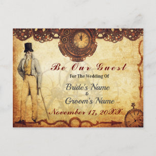 Cartão Postal De Anúncio Vintage Steampunk Salve a Data Romance Clock Cogs