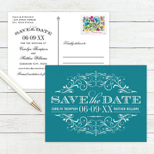 Cartão Postal De Anúncio Vintage Teal Blue Flourish Casamento Salve a Data