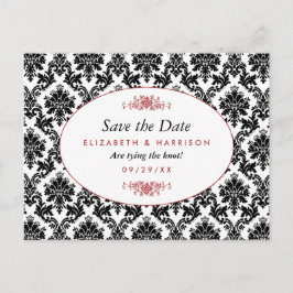 Cartão Postal De Anúncio Vintage Vermelho, Preto e Branco Damask Save The D