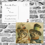 Cartão Postal De Anúncio Vintage Vittorian Funny Cats em Chapéus Salva Data<br><div class="desc">Fácil de personalizar o casamento, salve o cartão postal da data, apenas adicione seus nomes e data! Bobo de ilustração Vintage, imagem engraçada e humorística apresentando lindos gatos vitorianos que vestem chapéus. Uma design de casamento de animais de estimação amorosa e romance com noiva de gato e noivo. A noiva...</div>