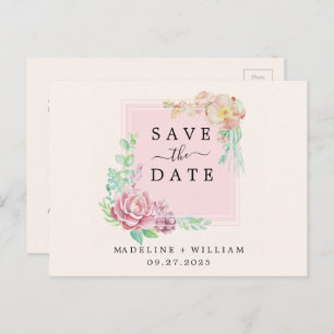 Cartão Postal De Anúncio Vintage Watercolor Floral Frame Salvar a Data