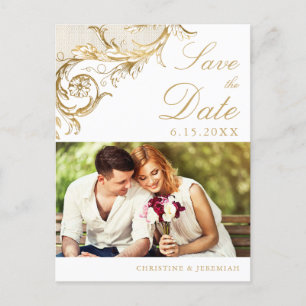 Cartão Postal De Anúncio Vintage White Dourado Damask Foto para salvar a da