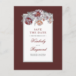 Cartão Postal De Anúncio Vintagem Floral Vermelha Burgundy Salvar a Data