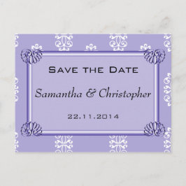 Cartão Postal De Anúncio Violet Blue Casamento tema damasco Save Date (Salv