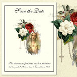 Cartão Postal De Anúncio Virgem Elegante da Costa do Marfim católica Mary S<br><div class="desc">Apresentando um lindo marfim clássico "Salve a Data" Cartão-postal com uma imagem católica tradicional,  a Virgem Bênçada Maria,  o Coração Imaculado com flores,  sagrado rosário,  e texto de fundo da oração de Hail Mary em Latim.</div>
