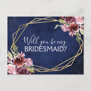 Cartão Postal De Anúncio Você Será Meu Marinho De Bridesmaid Azul Floral