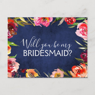 Cartão Postal De Anúncio Você Será Meu Marinho De Bridesmaid Blue Floral?