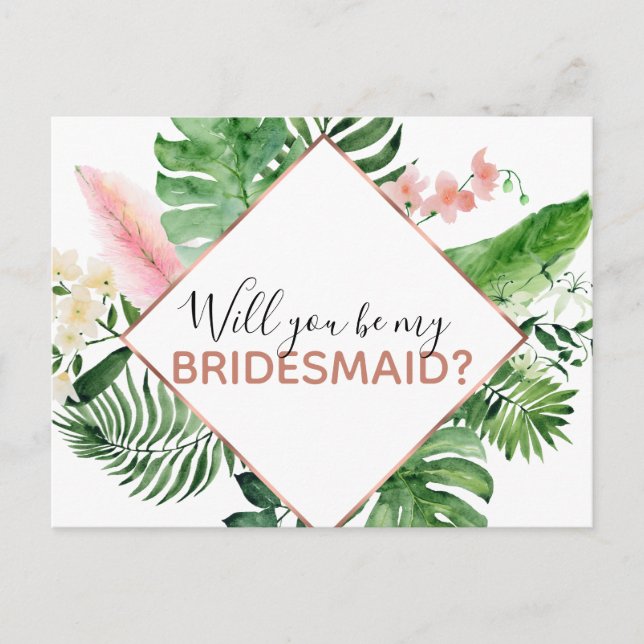Cartão Postal De Anúncio Você Será Minha Bridesmaid Tropical Palm Watercolo (Frente)