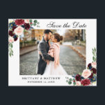 Cartão Postal De Anúncio Watercolor Burgundy Blue Floral Salvar a Data<br><div class="desc">Watercolor Floral Burgundy Blue Salva O Cartão-Postal Do Noivado De Data</div>