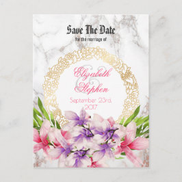 Cartão Postal De Anúncio Watercolor Magnolias, Faux Marble Salvar a Data