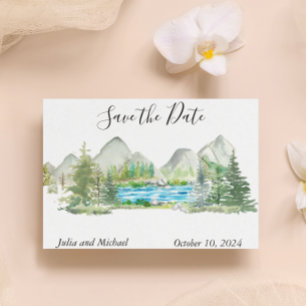 Cartão Postal De Anúncio Watercolor Save the Date Mountain Forest River