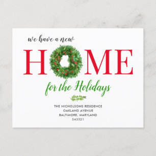 Cartão Postal De Anúncio Watercolor Wreath Berry New Home Mudámos