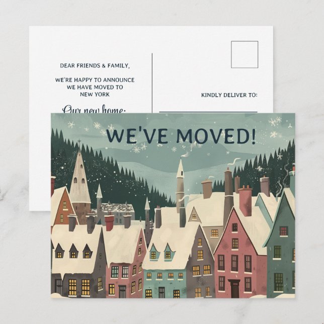 Cartão Postal De Anúncio We've Moved Whimsical Winter House Change Address (Frente/Verso)