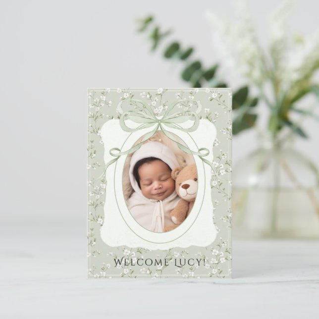 Cartão Postal De Anúncio Whimsical Floral Photo Baby Birth (Em pé/Frente)