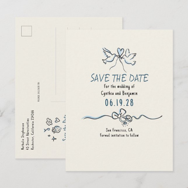 Cartão Postal De Anúncio Whimsical Funky Hand Drawn Save The Date (Frente/Verso)