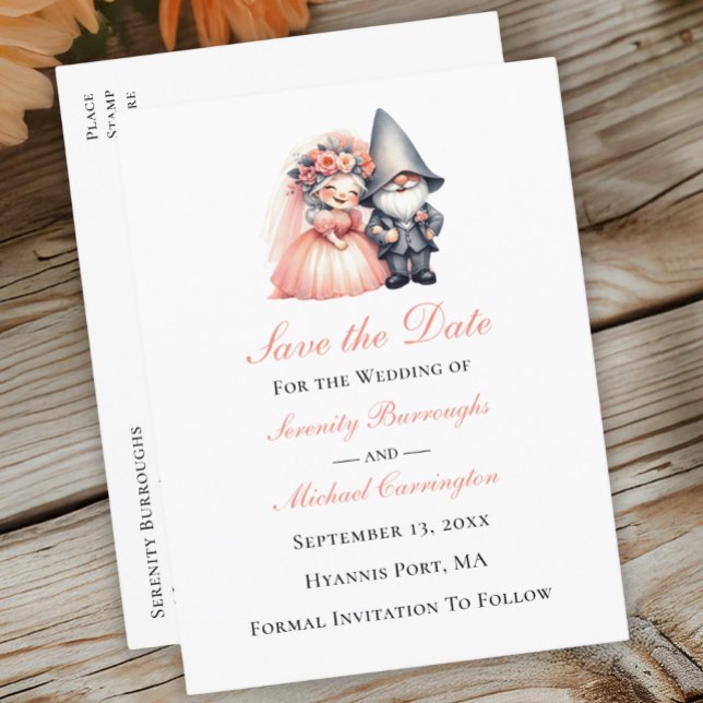 Cartão Postal De Anúncio Whimsical Gnome Woodland Laranja Casamento Data de (Criador carregado)