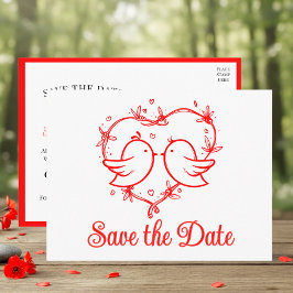 Cartão Postal De Anúncio Whimsical Lovebirds Boho Red Wedding Save the Date