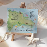 Cartão Postal De Anúncio Whimsy Domincan Republic Map Salvar Data<br><div class="desc">Este é um mapa de aquarelas pintado manualmente da República Dominicana com pequenos elementos de referência adicionados: flamingo, cocos, palmeiras, tartaruga marinha e peixes tropicais para citar alguns. O coração é colocado sobre o local do casamento. Para obter informações sobre alterações de design personalizadas pelo designer independente, envie um email...</div>