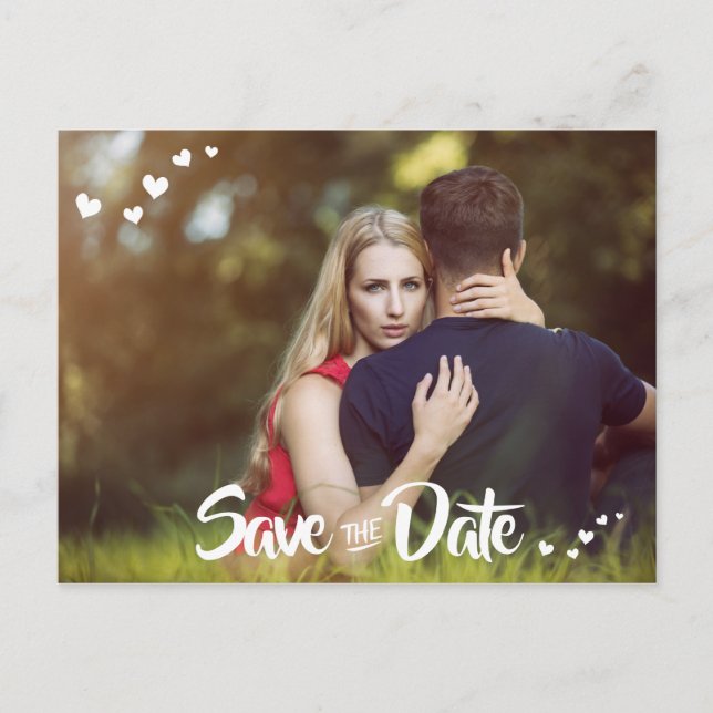 Cartão Postal De Anúncio White Hearts Your Photo Save the Date Postcard (Frente)