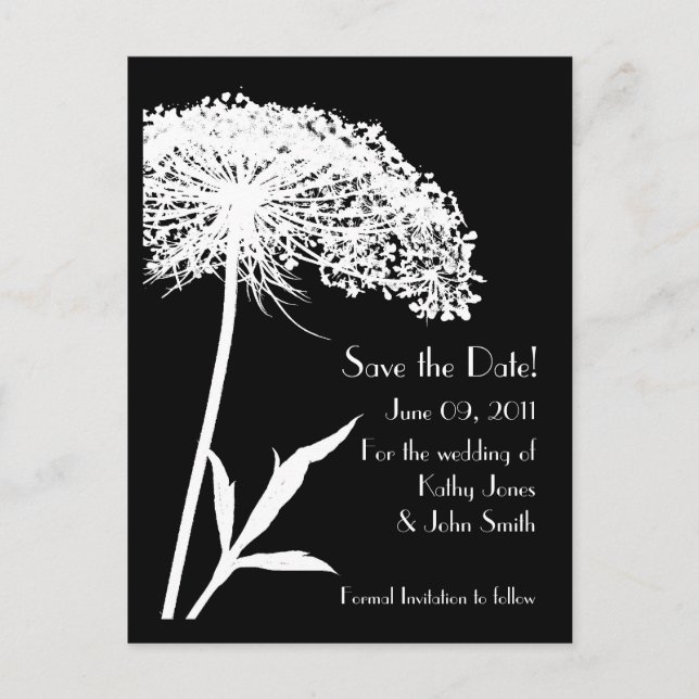 Cartão Postal De Anúncio White on Black Floral Save the Date Postcard (Frente)