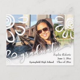 Cartão Postal De Anúncio White on White Floral with Graduation Photo