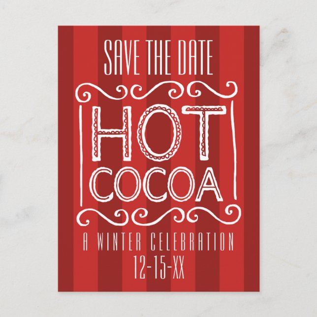 Cartão Postal De Anúncio Winter Hot Cocoa Party Save the Date Red (Frente)