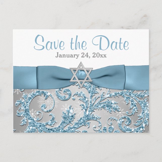 Cartão Postal De Anúncio Winter Wonderland Bat Mitzvah Save the Date Card (Frente)