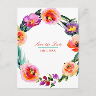 Cartão Postal De Anúncio Wreath Floral Brilhante Aquarela Salva a Data