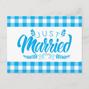 Cartão Postal De Anúncio Xadrez Rústico Gingham Azul Recém-Casados Country