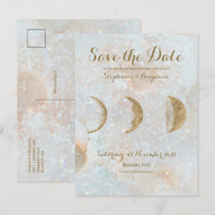 Cartão Postal De Anúncio Zodíaco Lua Azul Celestial Dourado Salve a Data