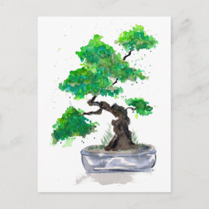 Cartão postal de aquarela Bonsai Verde
