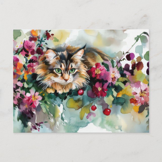 Cartão Postal de Aquarela de Gato  (Frente)