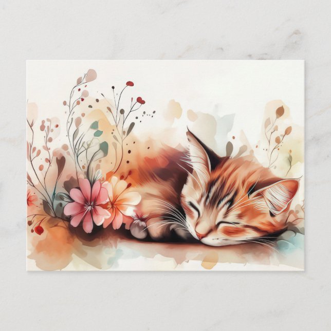 Cartão Postal de Aquarela de Gato  (Frente)
