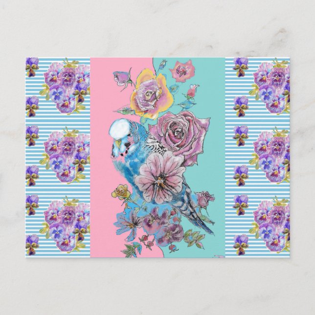 Cartão postal de arte com listra azul pastel Budgi (Frente)