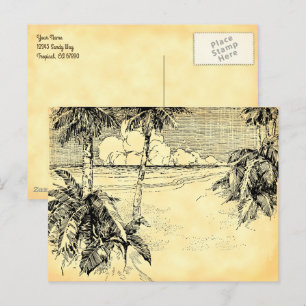 Cartão postal de arte de época de praia tropical
