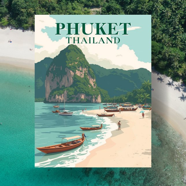 Cartão postal de arte retrô da praia de Phuket, Ta (Zazzle Phuket Thailand Beach Vintage Art)
