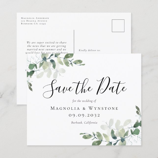 Cartão postal de aviso de casamento com eucalipto  (Frente/Verso)