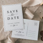 Cartão postal de aviso de data de salvamento minim<br><div class="desc">Este minimalista que salva o cartão postal do anúncio de data é perfeito para um casamento simples. A design romântica moderna apresenta a tipografia clássica, em preto e branco, emparelhada com uma caligrafia rústica, mas elegante, com estilo voltado para a mão. Personalizável em qualquer cor. Mantenha o design simples e...</div>