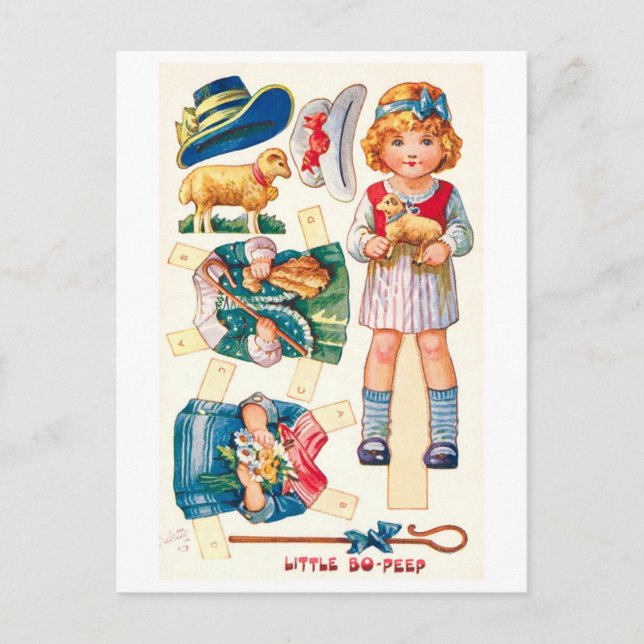 Cartão Postal de Boneca de Papel Antiga--Little Bo (Frente)