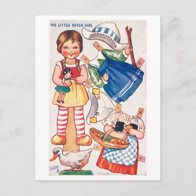Cartão postal de boneca de papel antiga - Menina h (Frente)