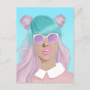 CARTÃO POSTAL DE CABELO AZUL RETRO pop ART GIRL