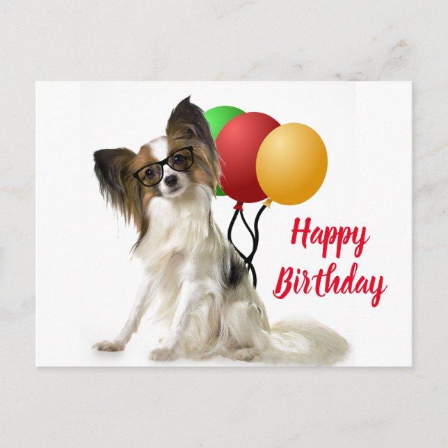 Cartão postal de cachorro Papillon com Parabéns (Frente)