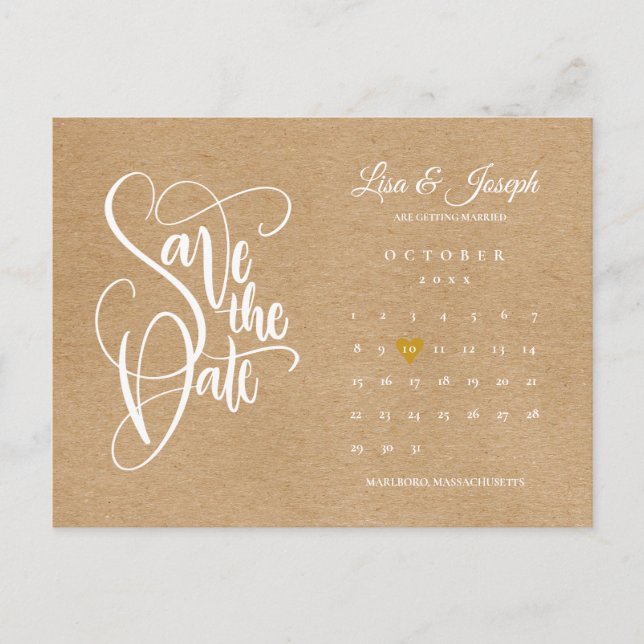 Cartão Postal de Calendário Rústico Coração Dourad (Frente)