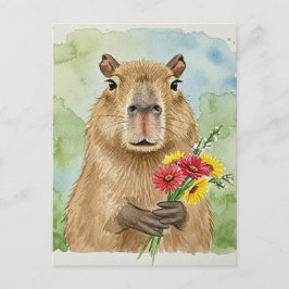Cartão postal de capivara fofa com flores