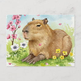Cartão postal de capivara fofa com flores de prima
