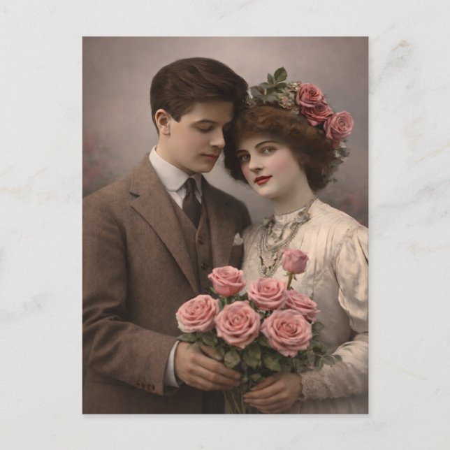 Cartão Postal de Casal Romântico Antigo com Rosas (Frente)